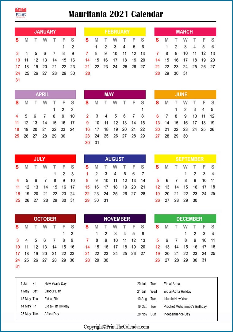 Mauritania Printable Calendar 2021